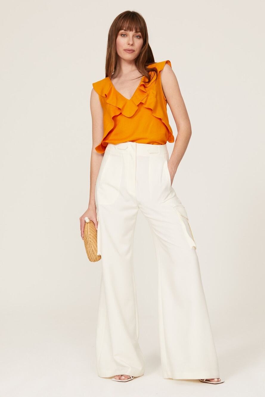 MARISSA WEBB COLLECTIVE Marigold Orange Linen V-Neck Ditsy Ruffle Top Size 4